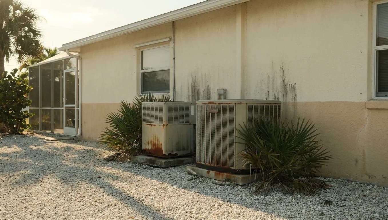 two weathered air conditioning condensers beside a Southwest Florida stucco home two weathered air conditioning condensers beside a Southwest Florida stucco home