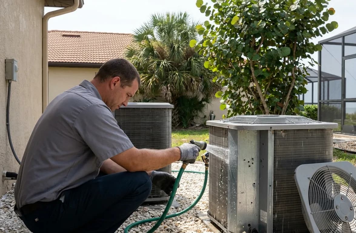 technician rinsing salt from an exposed condenser coil with a garden hose technician rinsing salt from an exposed condenser coil with a garden hose